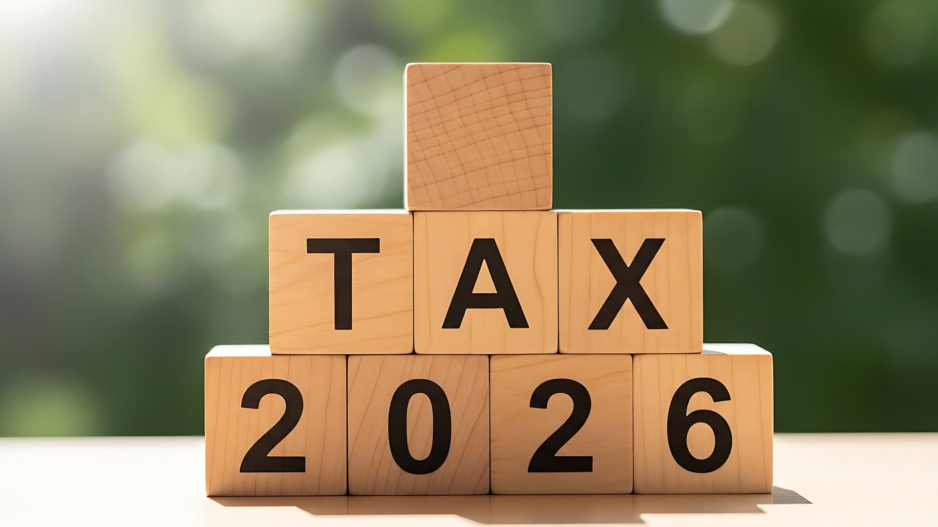 Wooden blocks stacked on table that read Tax 2026